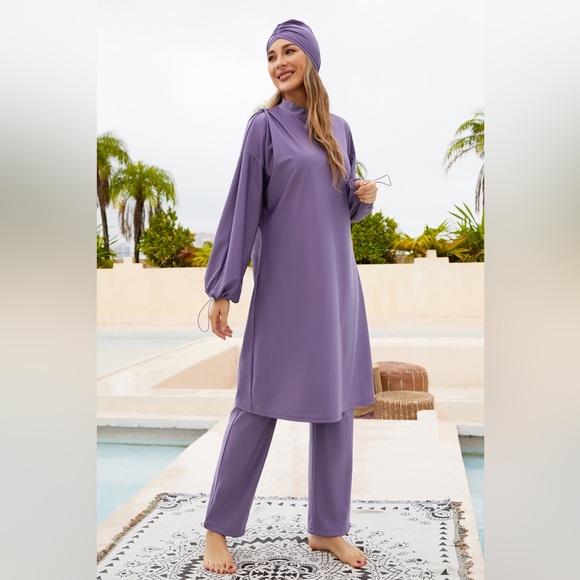 Cap, Drawstring Mock Neck Long Sleeve Top and Pants Swim Set - Picture 8 of 10